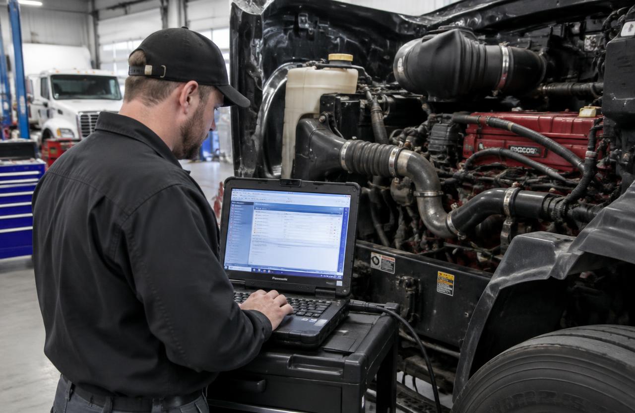Technician running truck diagnostics